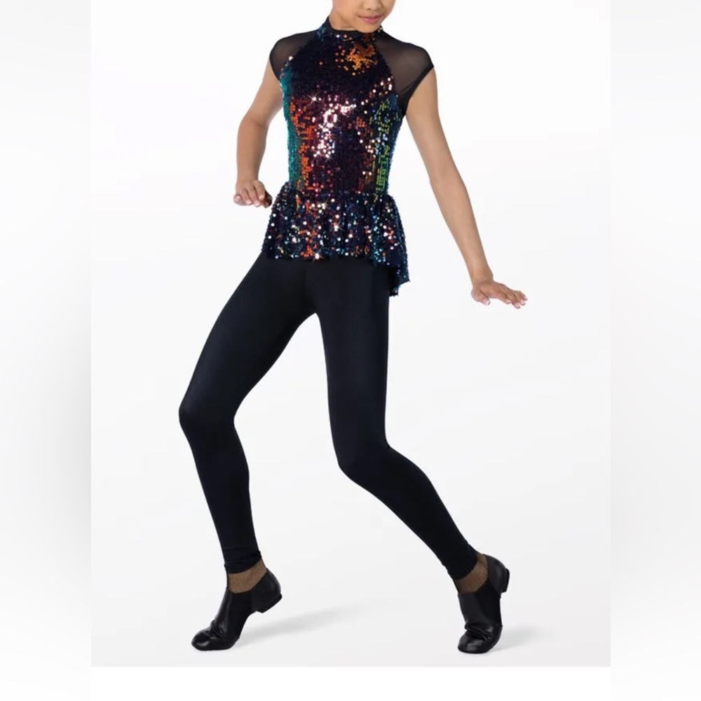 Like new! Weissman Dancewear sleeveless, leggings, sequins, adult SA small